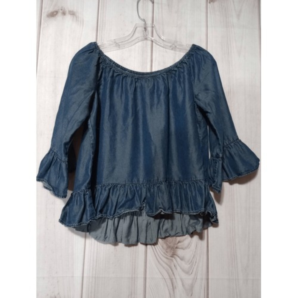 Sanctuary‎ Womens Blue Lyocell Chambray Off Shoulder Ruffle Blouse S Fall Vibes
